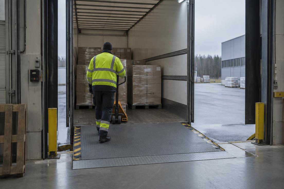 Lastbilstrailer backad mot lastkaj med kajbrygga och lagerarbetare med pallyftare